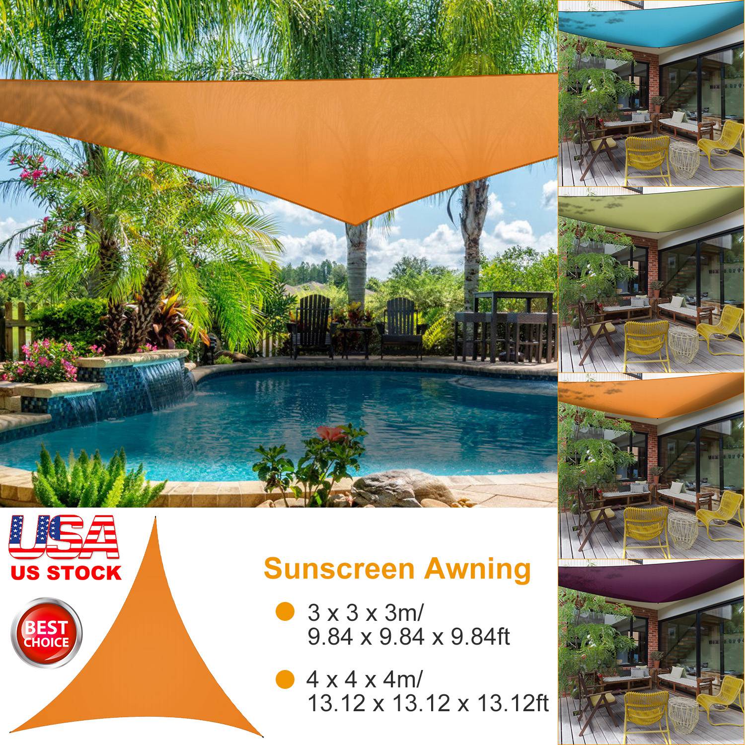GemGear orange triangle shade sail over pool; collage shows blue/green sails and outdoor seating on Tampa Home & Garden Store