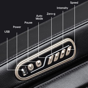 Massage chair control panel in black leather with chrome bezel and USB, Zero-G, Auto labels on Tampa Home & Garden Store