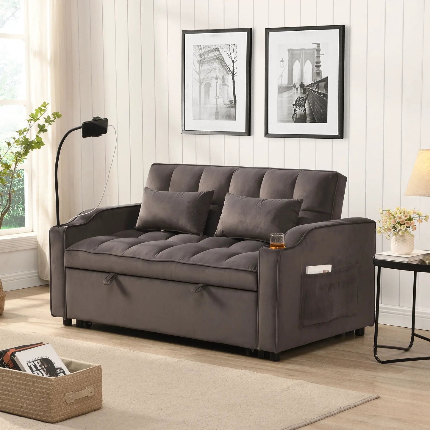 Modern sleeper loveseat futon with pullout bed in gray upholstery by Unique Piece Furniture on Tampa Home & Garden Store