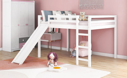 White Solid Wood Full Size Loft Bed and Slide