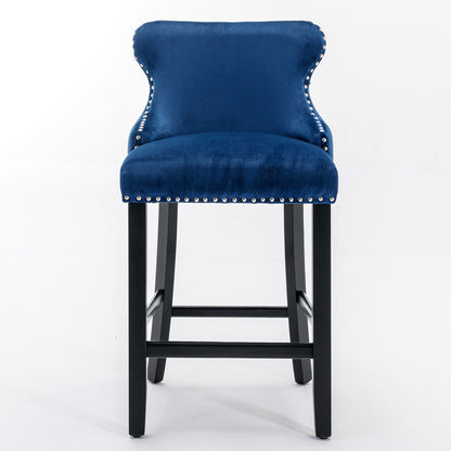 Upholstered wing-back barstool pair in blue velvet with nailhead trim and tufted buttons, 2 pcs on Tampa Home & Garden Store