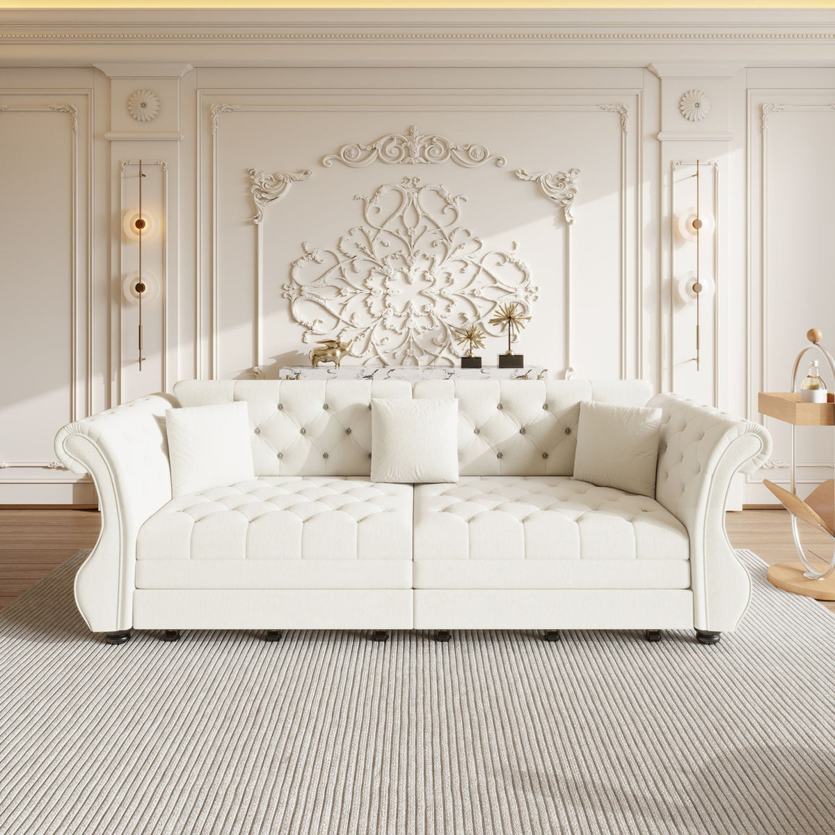 Oversized Chesterfield pull-out sofa bed with white flower tufting fabric by HouseOfZazla on Tampa Home & Garden Store