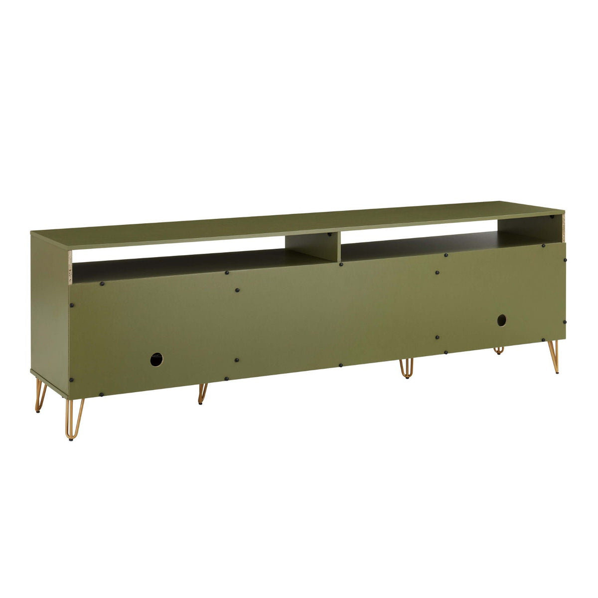 Fluted olive TV stand with two open cubbies and gold hairpin legs on Tampa Home & Garden Store