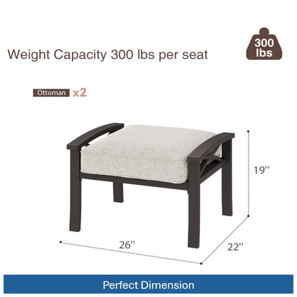 Modern all-weather ottomans pair with cushions in dark metal frame and gray fabric cushions on Tampa Home & Garden Store