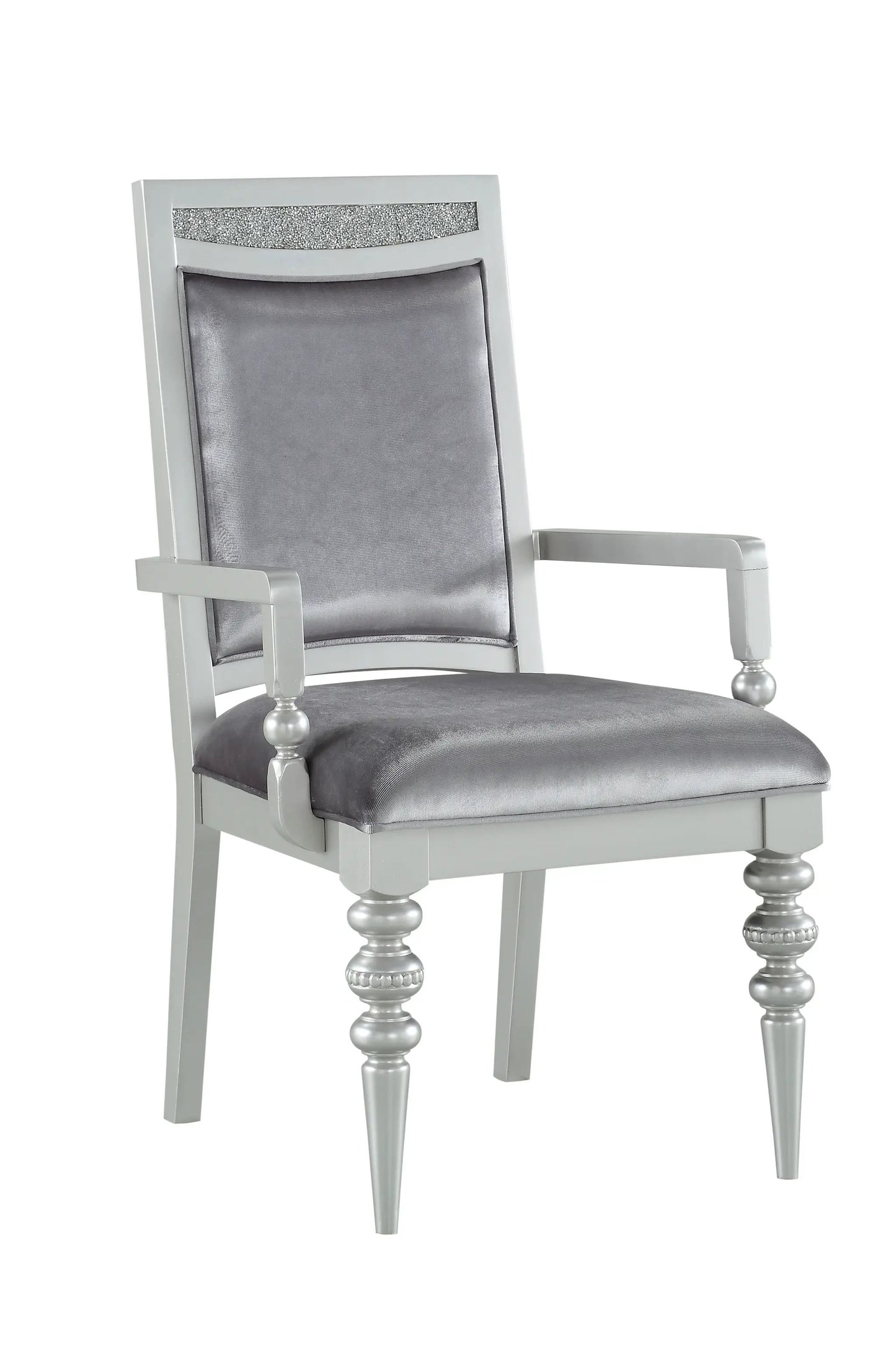 Maverick Arm Chair (Set of 2) in silver with padded gray upholstery and rhinestone-accent back on Tampa Home & Garden Store