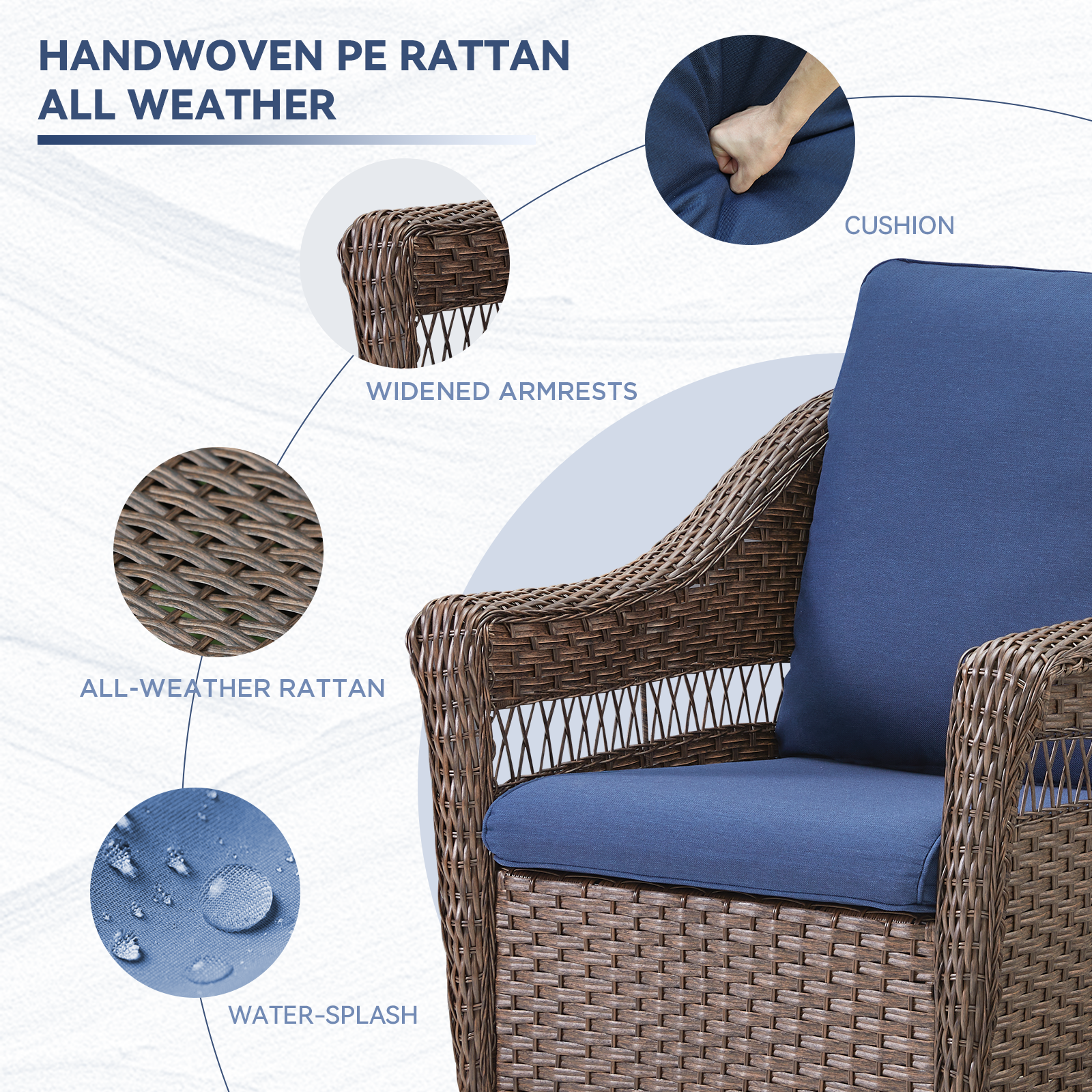 Outdoor Swivel Rocking Wicker Chairs 2 with blue cushions by HouseOfZazla for patio seating on Tampa Home & Garden Store