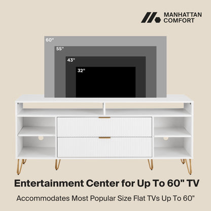 Fluted TV Stand with Storage and Metal Legs, white finish with gold legs, fits up to 60 inch TVs on Tampa Home & Garden Store
