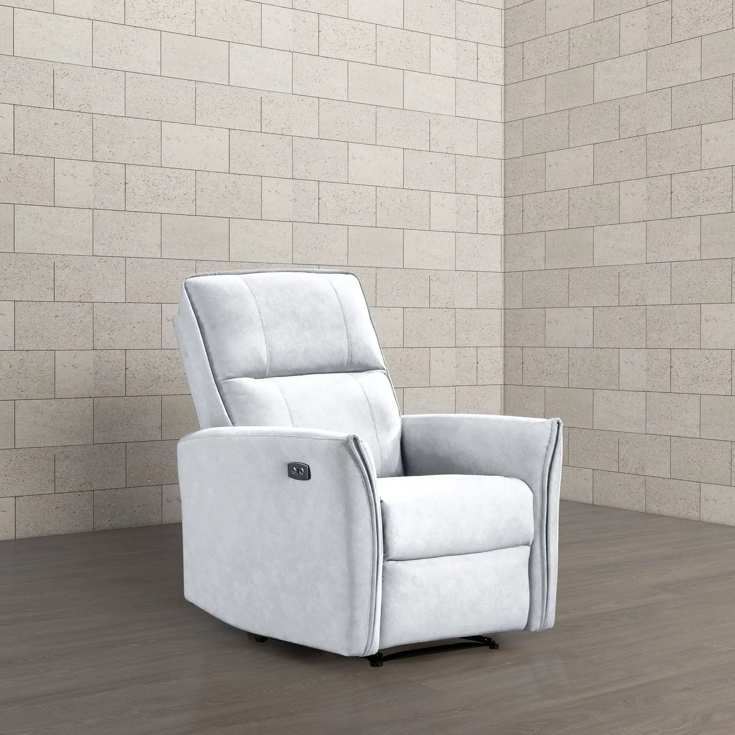 Asheville Suede Recliner Chair in light gray suede with built-in side power recline on Tampa Home & Garden Store