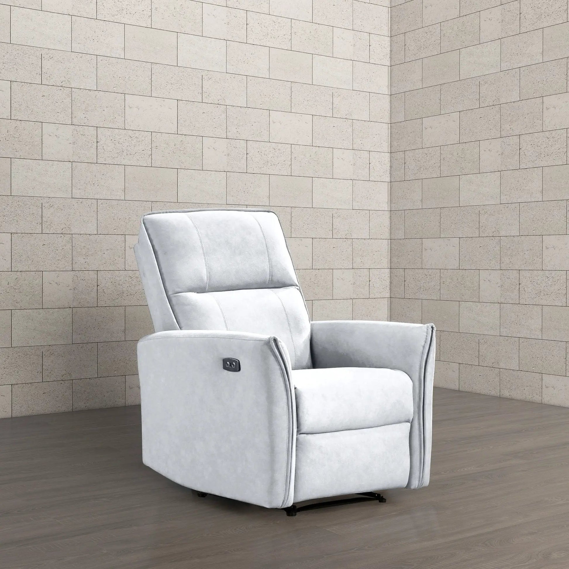 Asheville Suede Recliner Chair in light gray suede with built-in side power recline on Tampa Home & Garden Store
