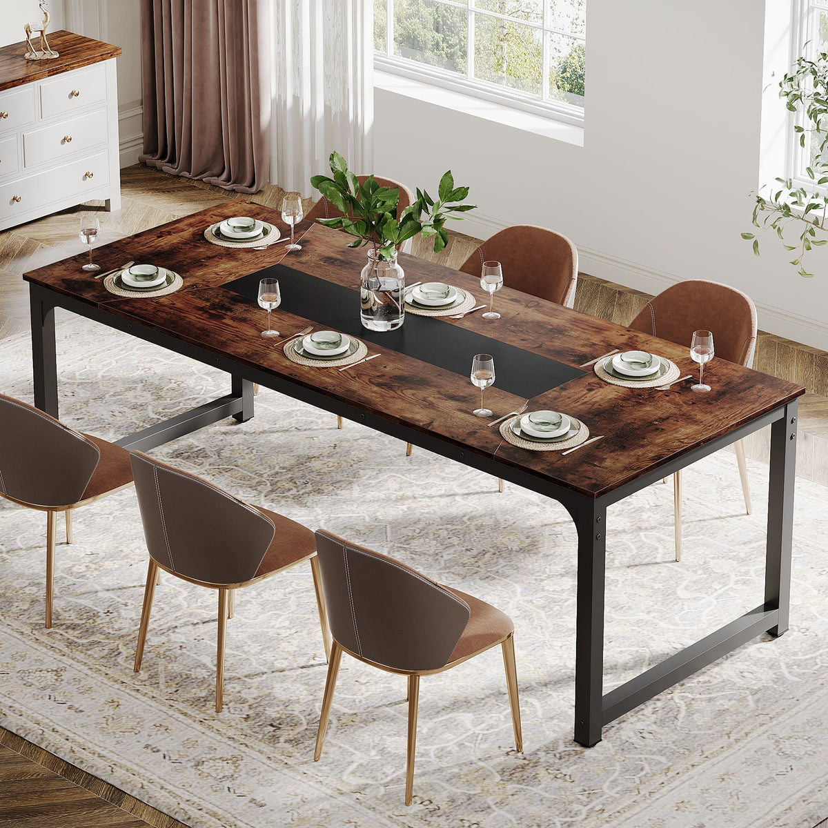 Rectangular dining table with dark wood top and black metal legs, paired with brown chairs on Tampa Home & Garden Store