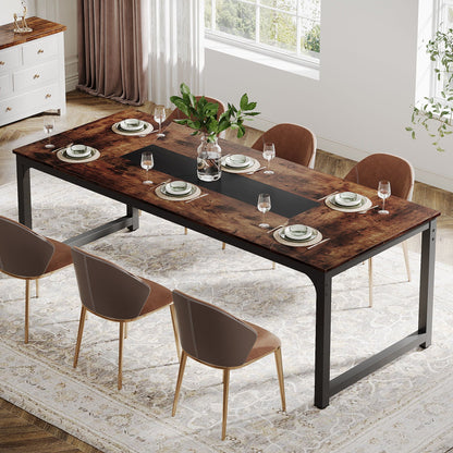 Rectangular dining table with dark wood top and black metal legs, paired with brown chairs on Tampa Home & Garden Store