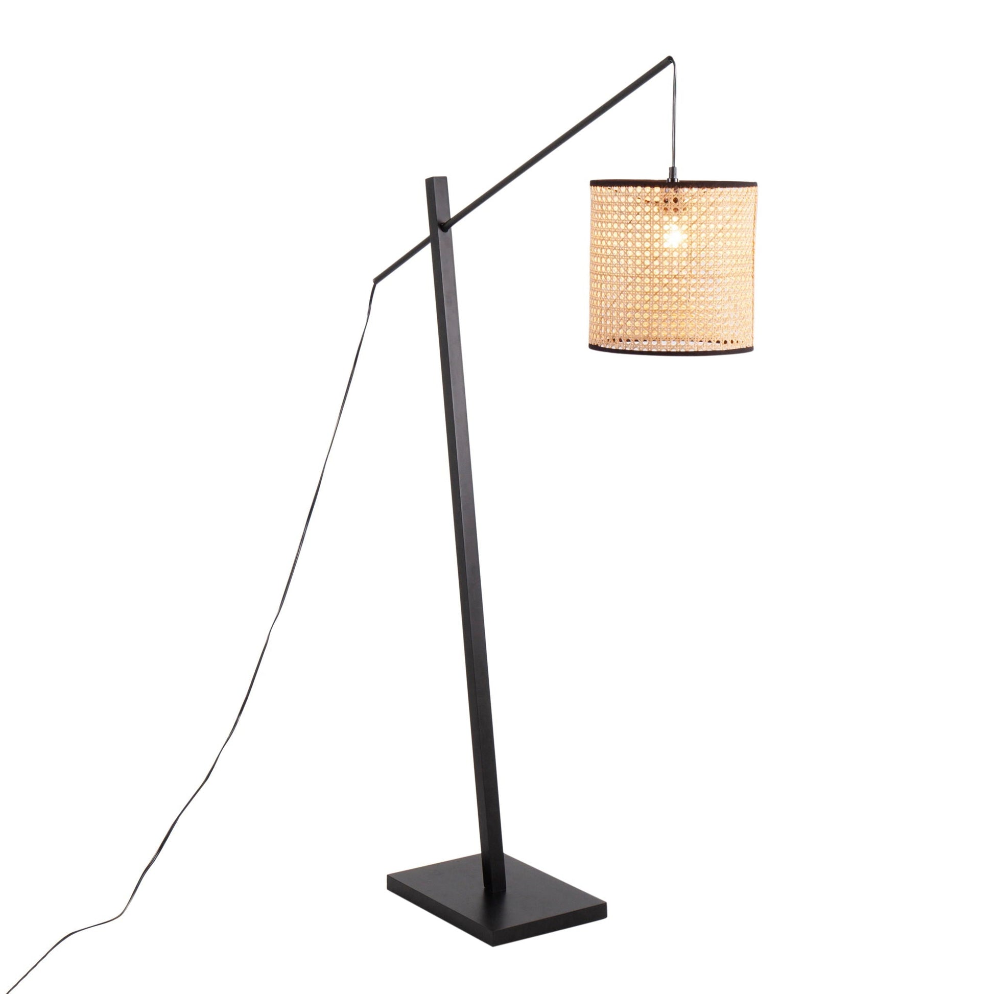 Arturo floor lamp by HouseOfZazla, black metal arc with woven cylindrical shade on Tampa Home & Garden Store