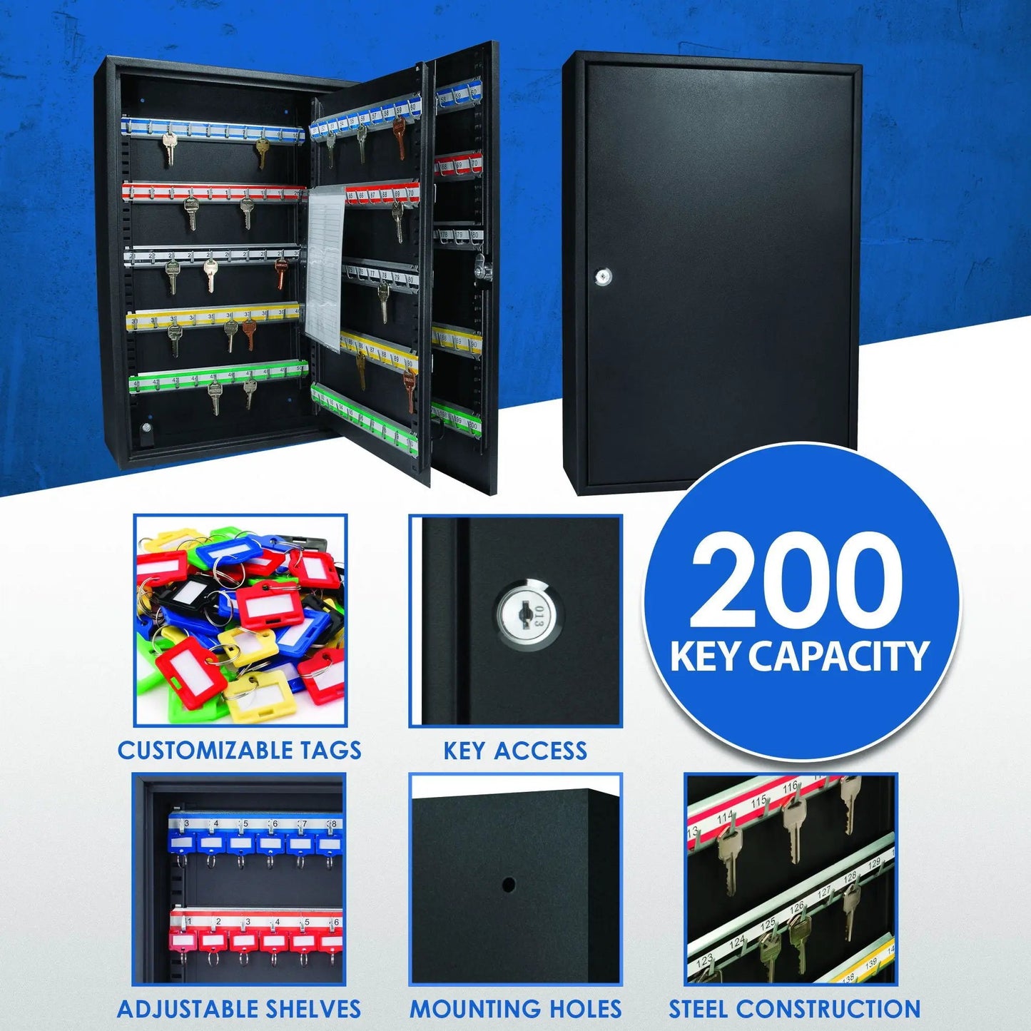 Adjustable Key Cabinet With Lock by Unique Piece Furniture; black steel wall mount with color-coded key racks on Tampa Home & Garden Store