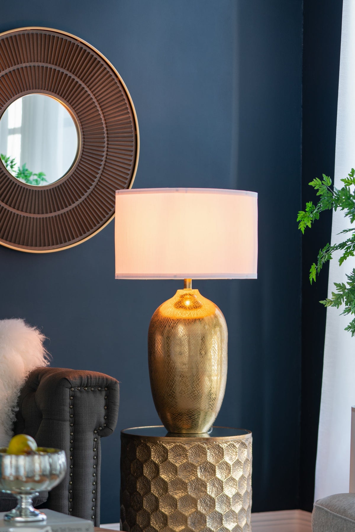 D18x31 round aluminum sheet gold table lamp with white fabric shade, hammered gold base on Tampa Home & Garden Store