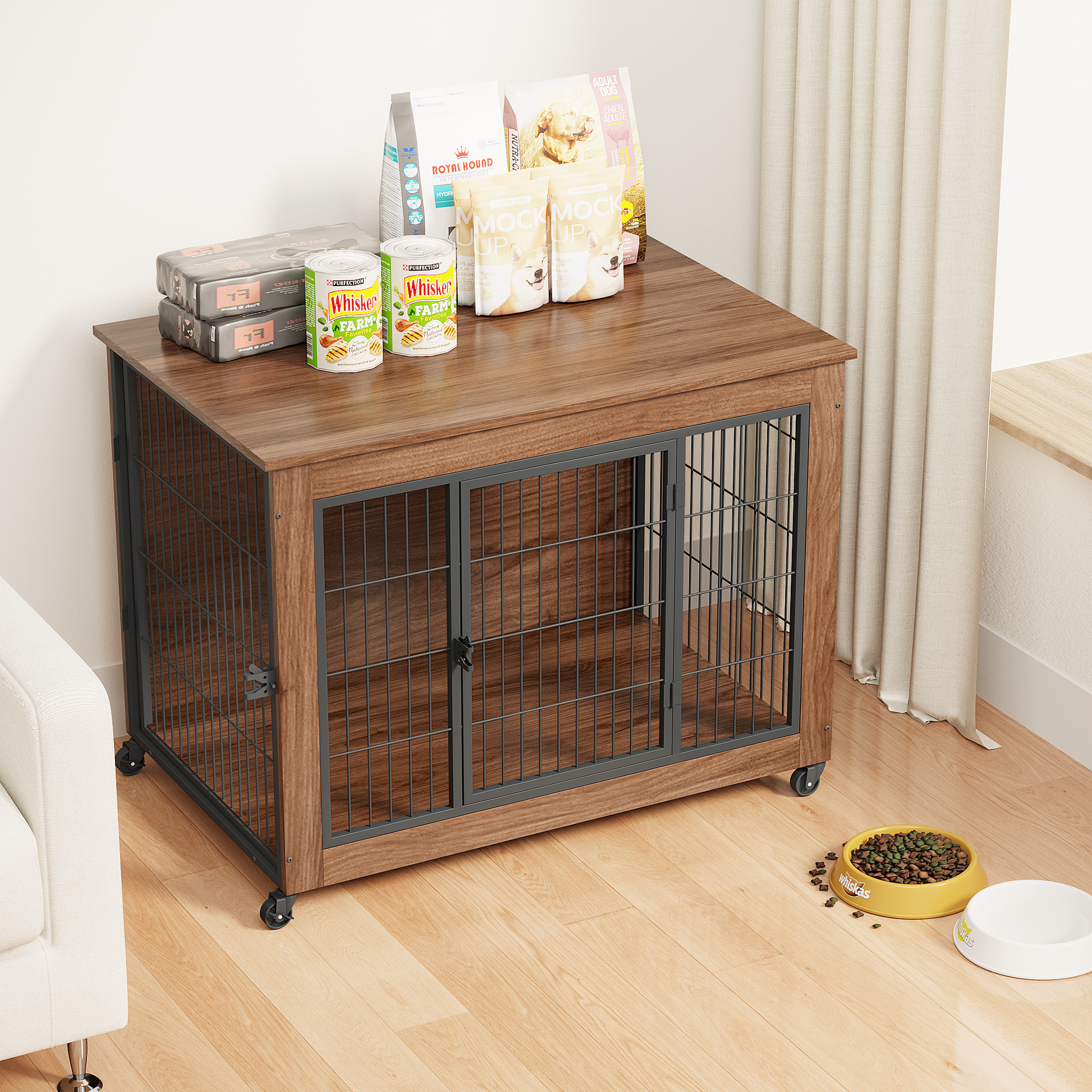 38.6in dog crate with wheels for small dogs HouseOfZazla; wood finish, metal grid on Tampa Home & Garden Store