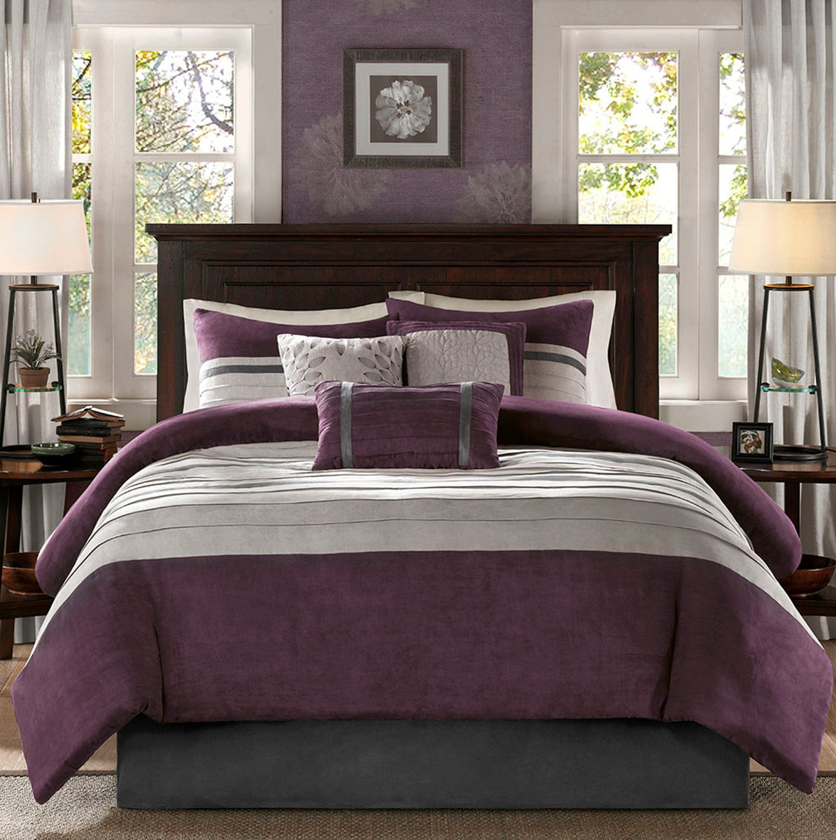 7 PC Pieced Faux Suede Comforter Set Purple King HouseOfZazla with gray striped panels on Tampa Home & Garden Store