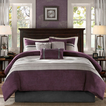 7 PC Pieced Faux Suede Comforter Set Purple King HouseOfZazla with gray striped panels on Tampa Home & Garden Store