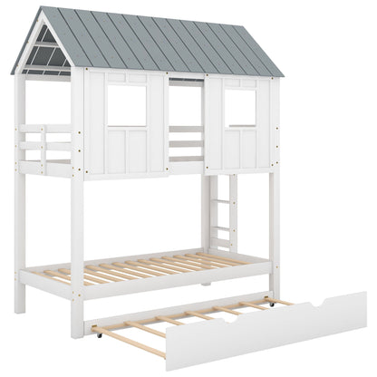 Twin size house bunk bed with trundle in white and gray, roof and windows, ladder on Tampa Home & Garden Store