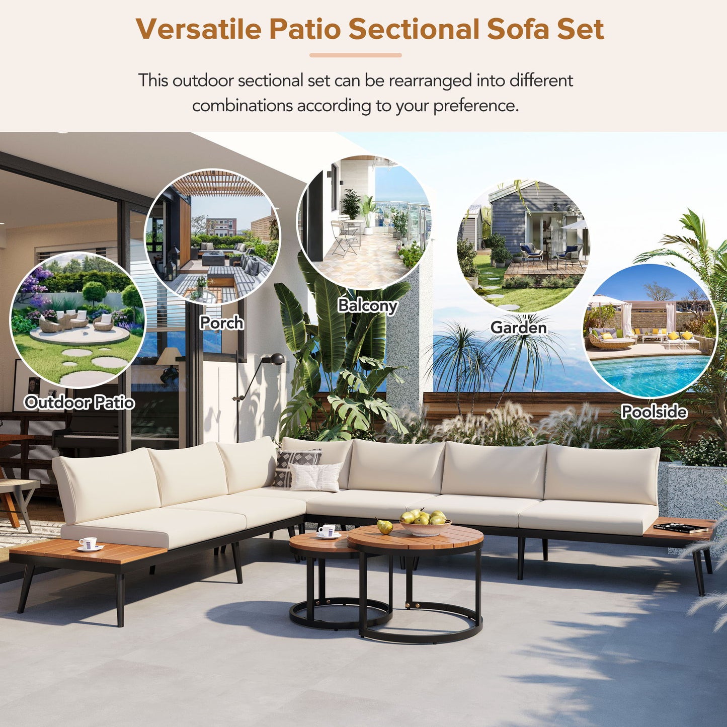 Modern Outdoor Sectional Sofa Set with Nesting Coffee Tables 6pc HouseOfZazla on Tampa Home & Garden Store