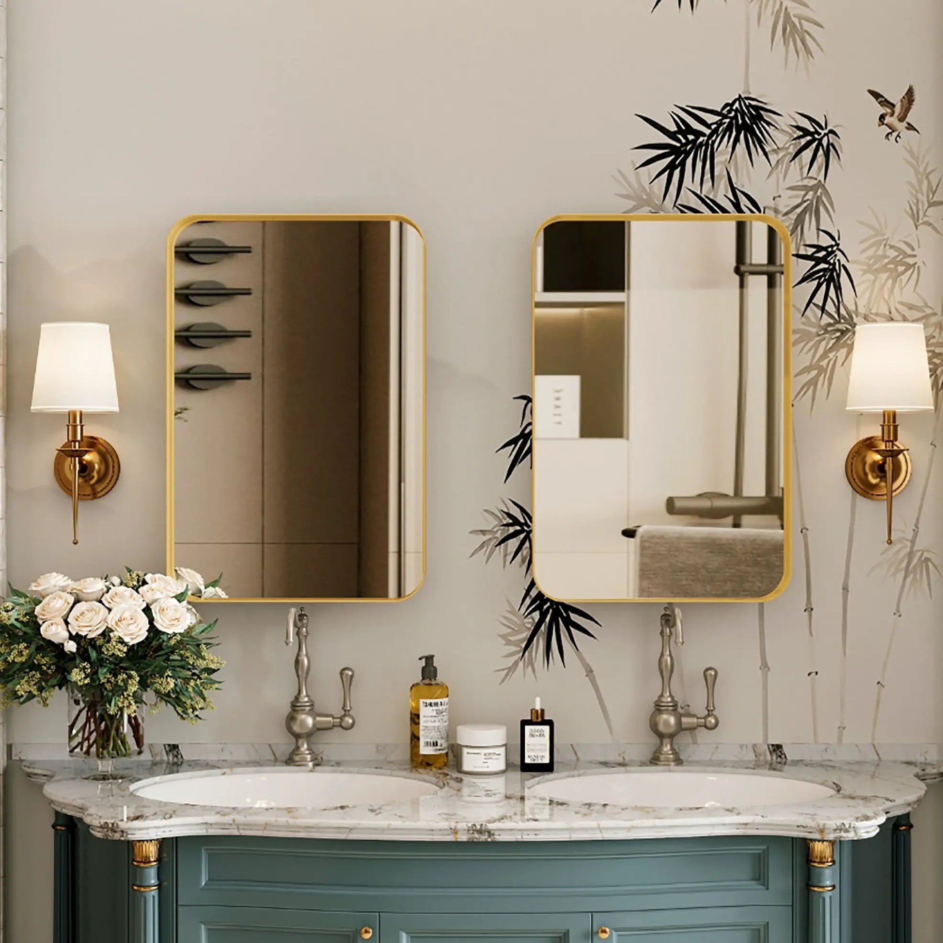 Pair of gold-framed medicine cabinets with mirrored doors and adjustable shelves on Tampa Home & Garden Store