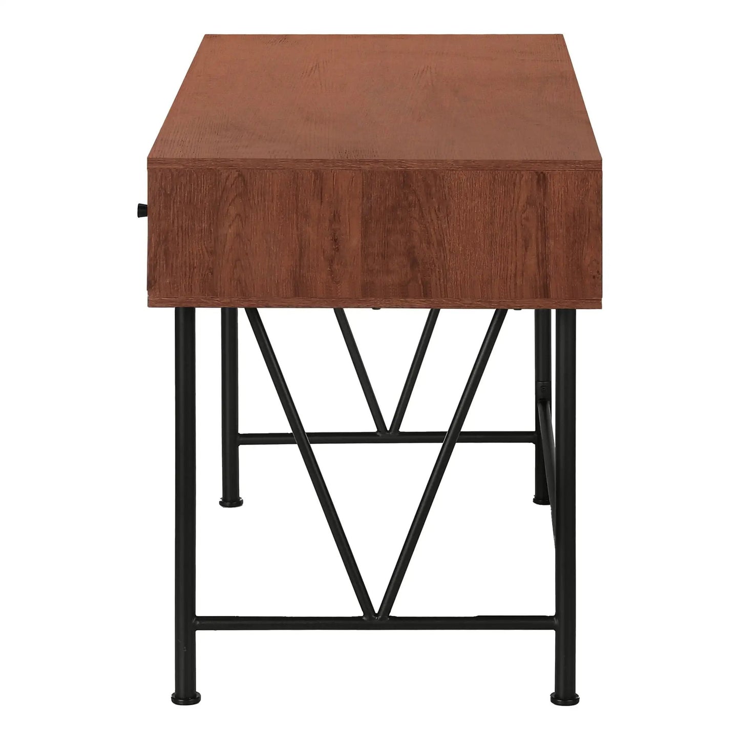 Computer desk with warm brown wood top, storage drawers, and black metal crisscross legs on Tampa Home & Garden Store