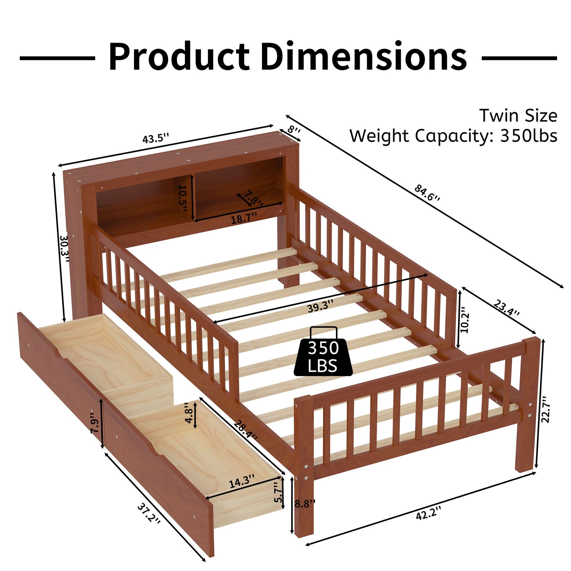 Bed with headboard storage rack, 2 under-bed drawers, 3 guard rails HouseOfZazla on Tampa Home & Garden Store