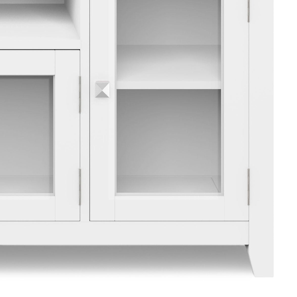 Wide handcrafted solid wood media stand and shelf with glass-front doors and shelves on Tampa Home & Garden Store