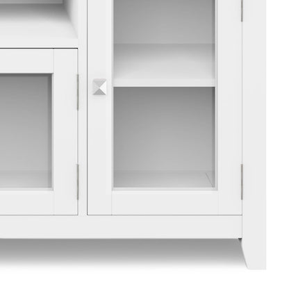 Wide handcrafted solid wood media stand and shelf with glass-front doors and shelves on Tampa Home & Garden Store