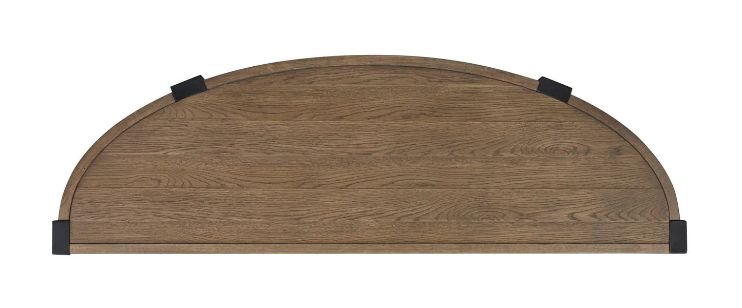 Kaysen Demilune Sofa Table Wallaby wood finish with black metal brackets on Tampa Home & Garden Store