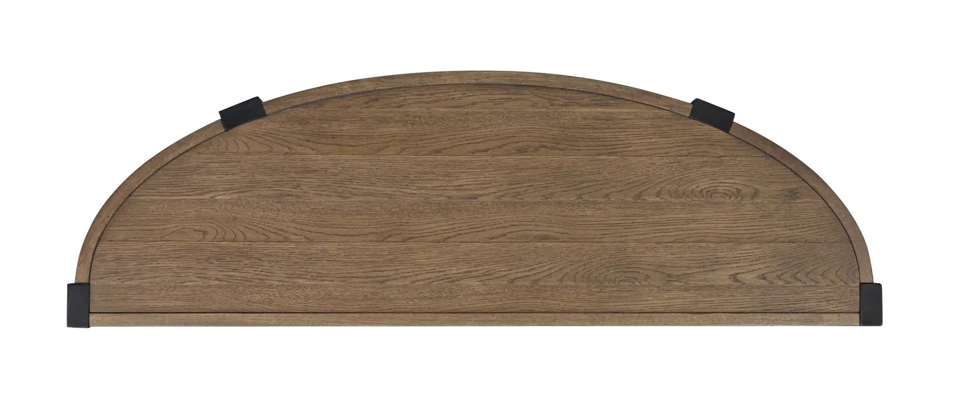 Kaysen Demilune Sofa Table Wallaby wood finish with black metal brackets on Tampa Home & Garden Store