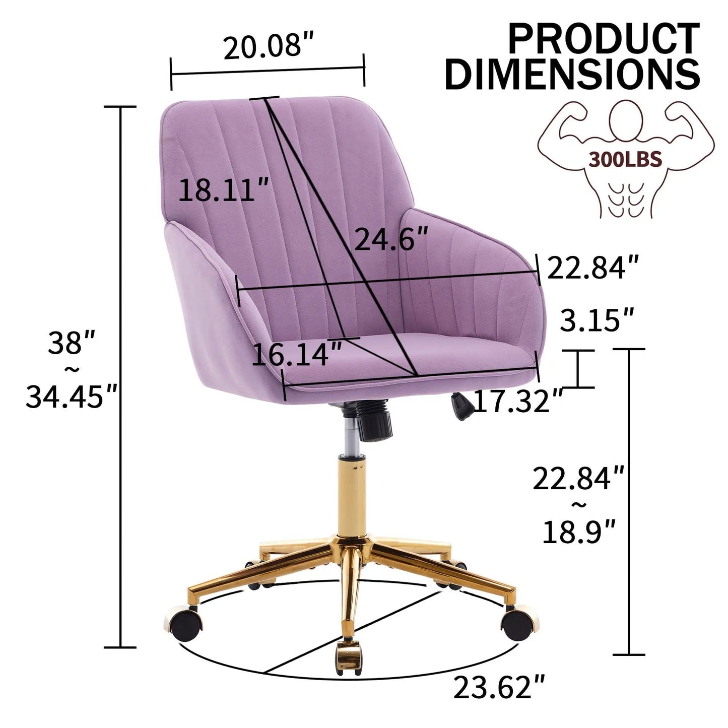 Adjustable ergonomic lavender swivel office chair with gold base and caster wheels on Tampa Home & Garden Store