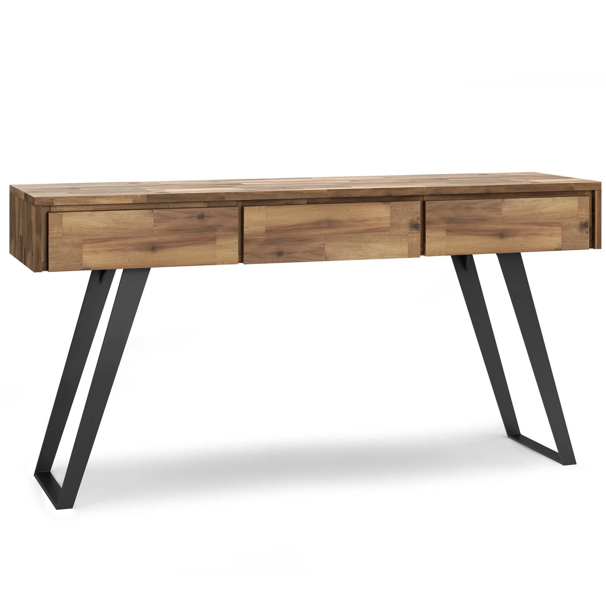 Lowry Handcrafted Console Sofa Table in warm wood veneer with black angled legs on Tampa Home and Garden Store