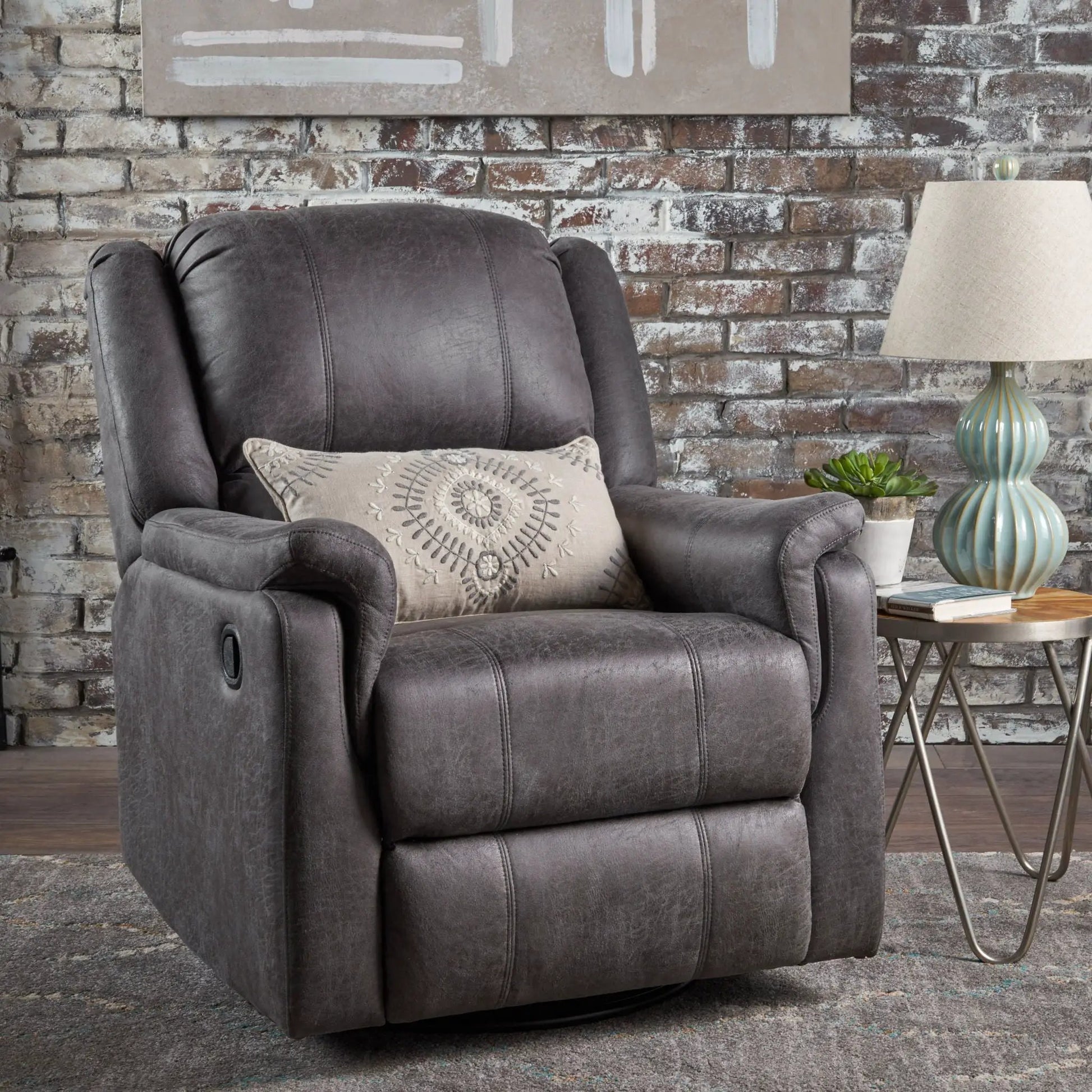 Contemporary glider recliner with swivel function in dark gray faux leather on Tampa Home & Garden Store