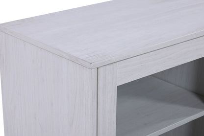 White Walnut fireplace TV stand console with whitewashed finish and open shelves on Tampa Home & Garden Store