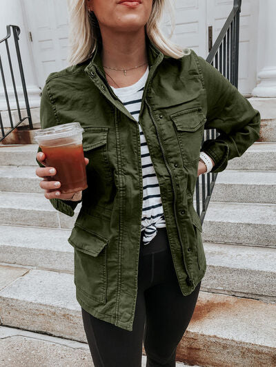 Stevvex retro pocketed zip-up jacket olive green lightweight outerwear with chest pockets on Tampa Home & Garden Store