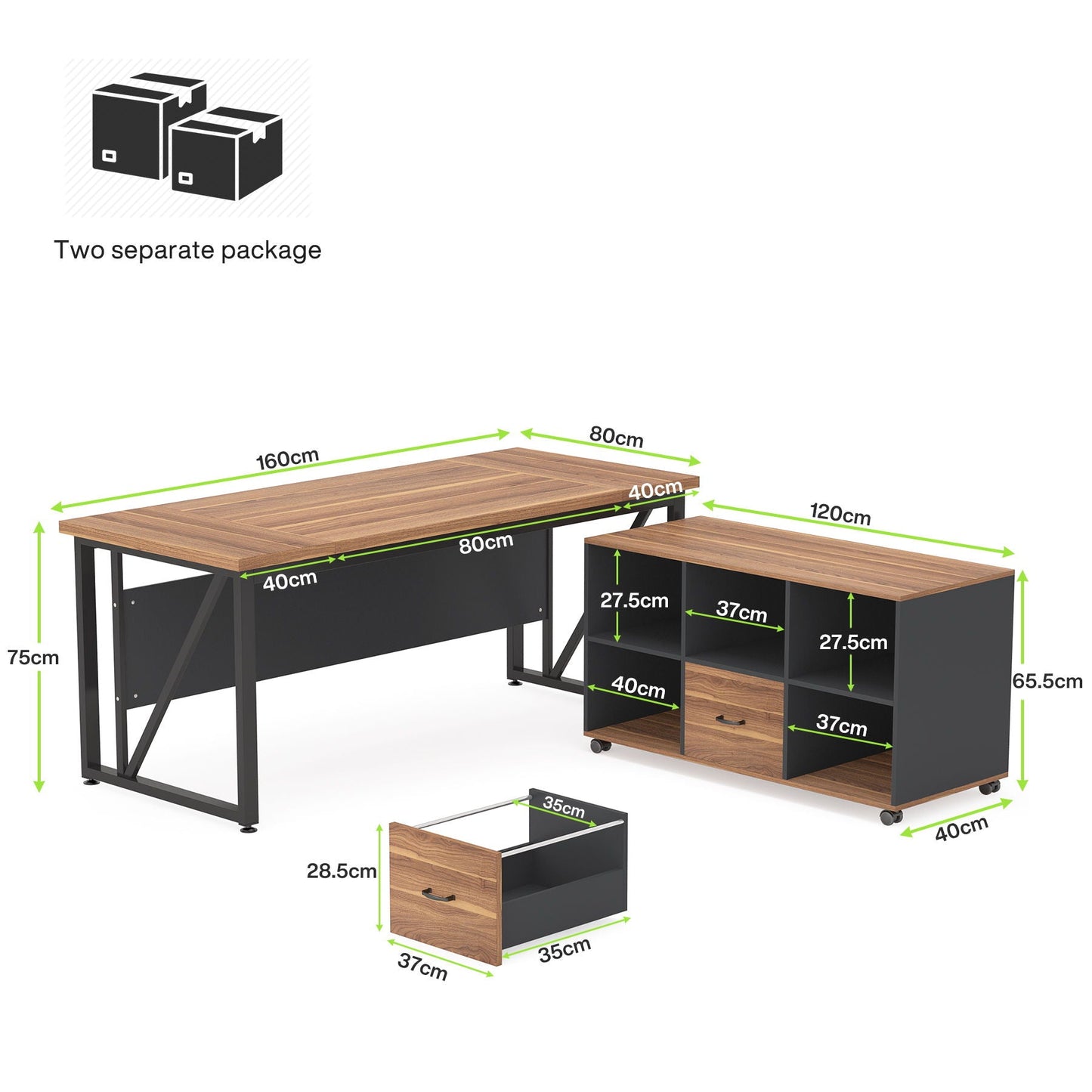HouseOfZazla L-shaped executive desk with mobile file cabinet, brown wood top, black frame on Tampa Home & Garden Store