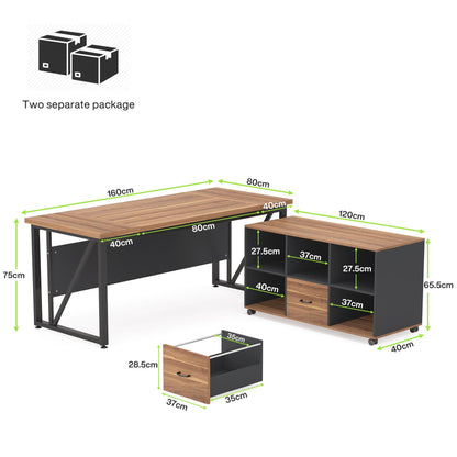 HouseOfZazla L-shaped executive desk with mobile file cabinet, brown wood top, black frame on Tampa Home & Garden Store