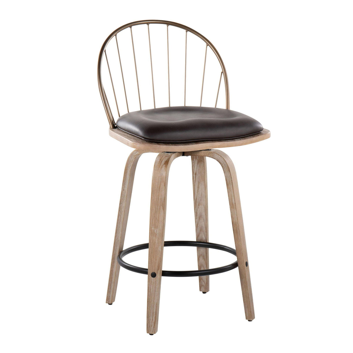 Farmhouse fixed-height counter stool with whitewashed wood legs and black removable cushion on Tampa Home & Garden Store