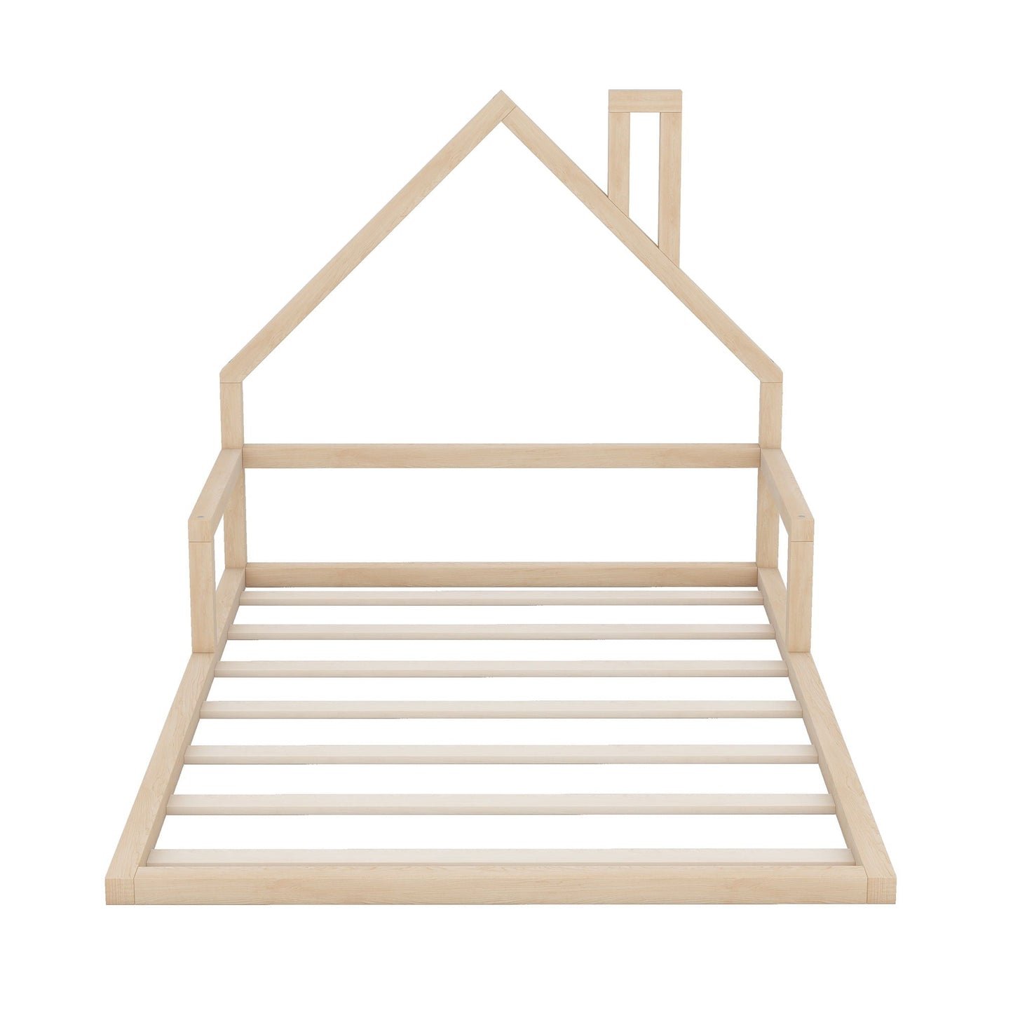 Elegant floor bed with house-shaped headboard in natural wood, platform bed with slats on Tampa Home & Garden Store