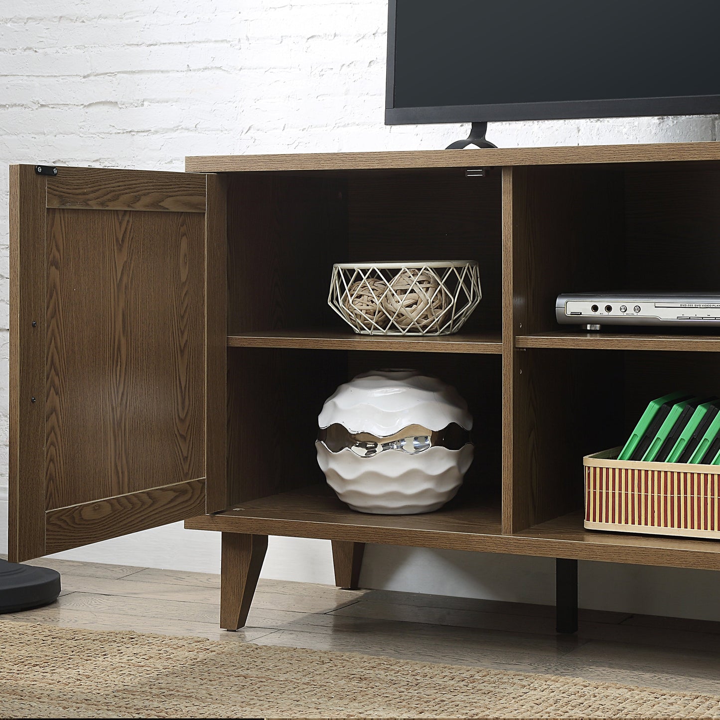 Modern 60 Inch TV stand in classic walnut finish with open shelves for media storage on Tampa Home & Garden Store