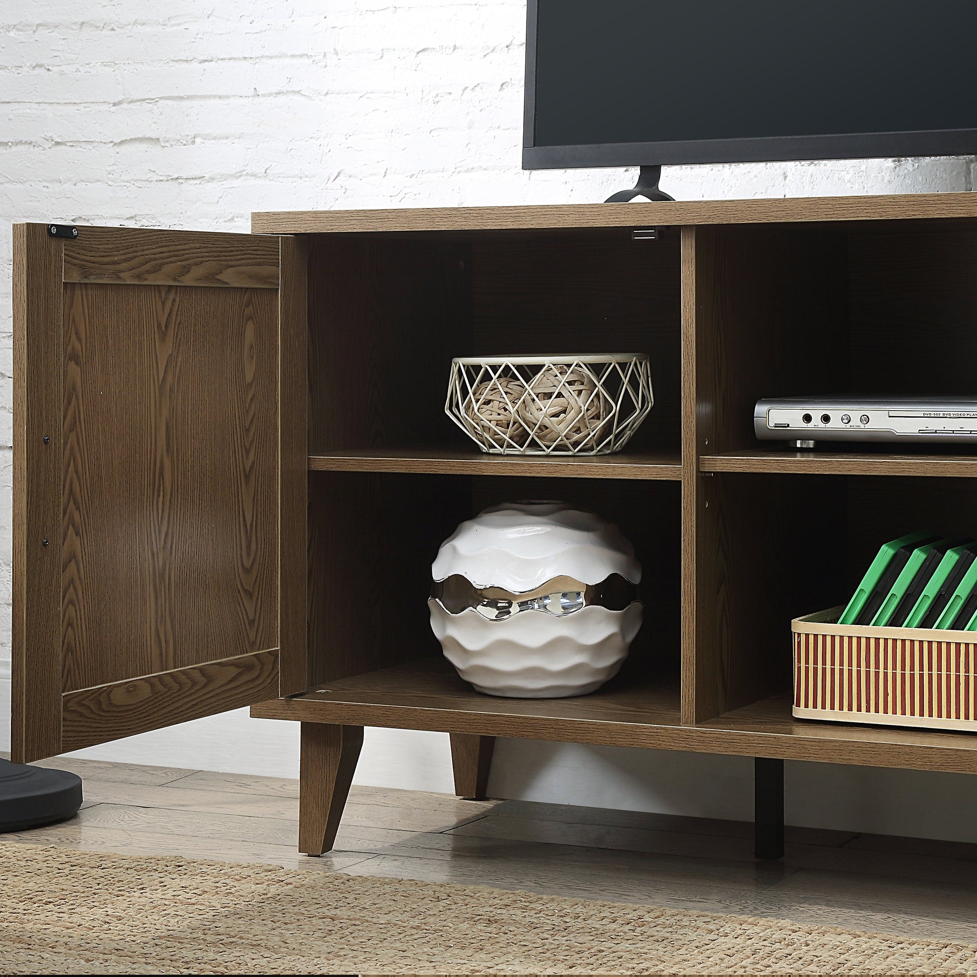 Modern 60 Inch TV stand in classic walnut finish with open shelves for media storage on Tampa Home & Garden Store