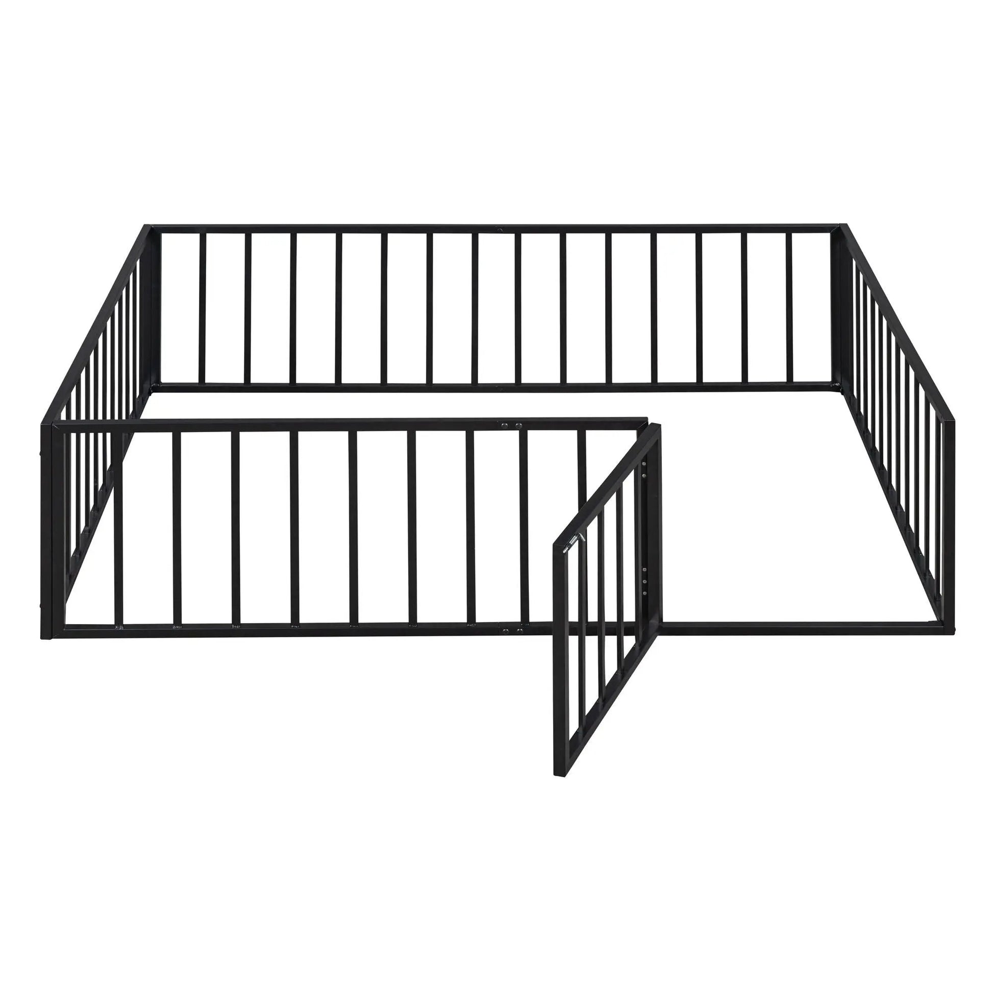 Black metal floor bed frame with fence-style panels and door, Unique Piece Furniture panel bed on Tampa Home & Garden Store