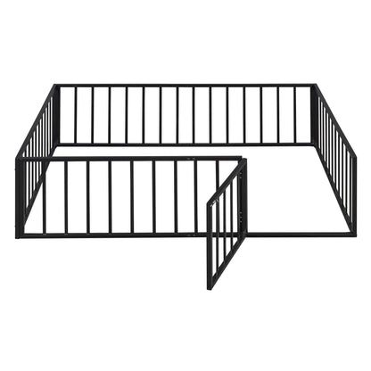 Black metal floor bed frame with fence-style panels and door, Unique Piece Furniture panel bed on Tampa Home & Garden Store