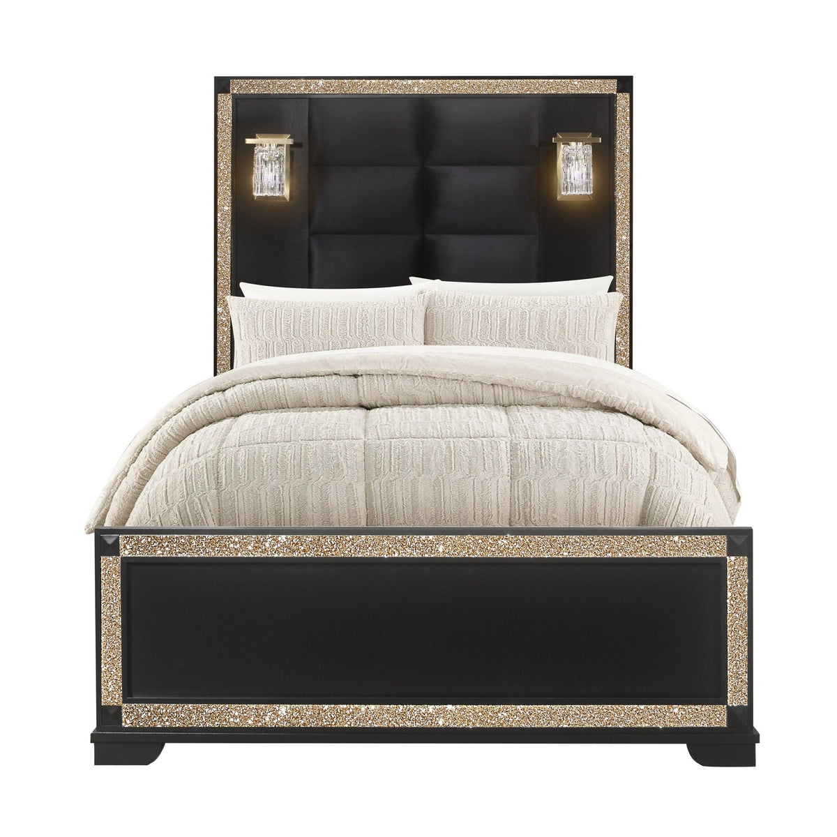 Lively Bed with Lamps by HouseOfZazla, black tufted panel headboard with gold glitter frame on Tampa Home & Garden Store
