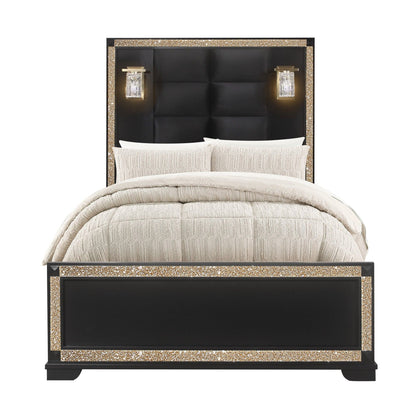 Lively Bed with Lamps by HouseOfZazla, black tufted panel headboard with gold glitter frame on Tampa Home & Garden Store