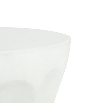 Outdoor round concrete antique white side table, close-up of smooth curved edge on Tampa Home & Garden Store