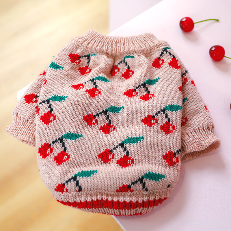 Bowknot dog sweater pink-beige knit with cherry pattern Pet Zen on Tampa Home & Garden Store
