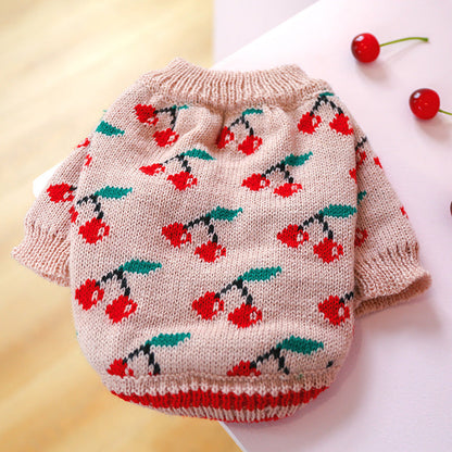 Bowknot dog sweater pink-beige knit with cherry pattern Pet Zen on Tampa Home & Garden Store