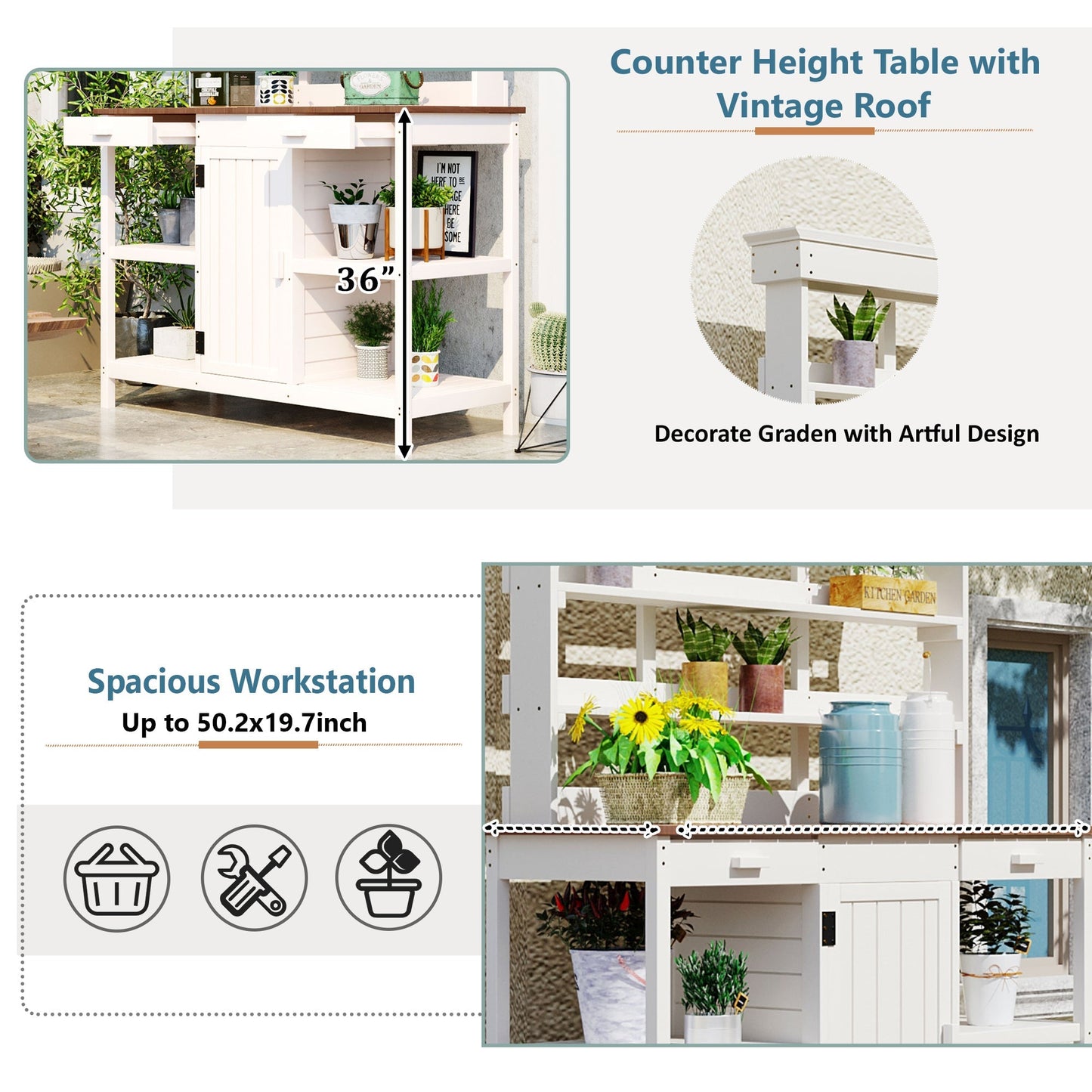 Topmax 66in Farmhouse Wooden Potting Bench, white finish, drawers by HouseOfZazla on Tampa Home & Garden Store
