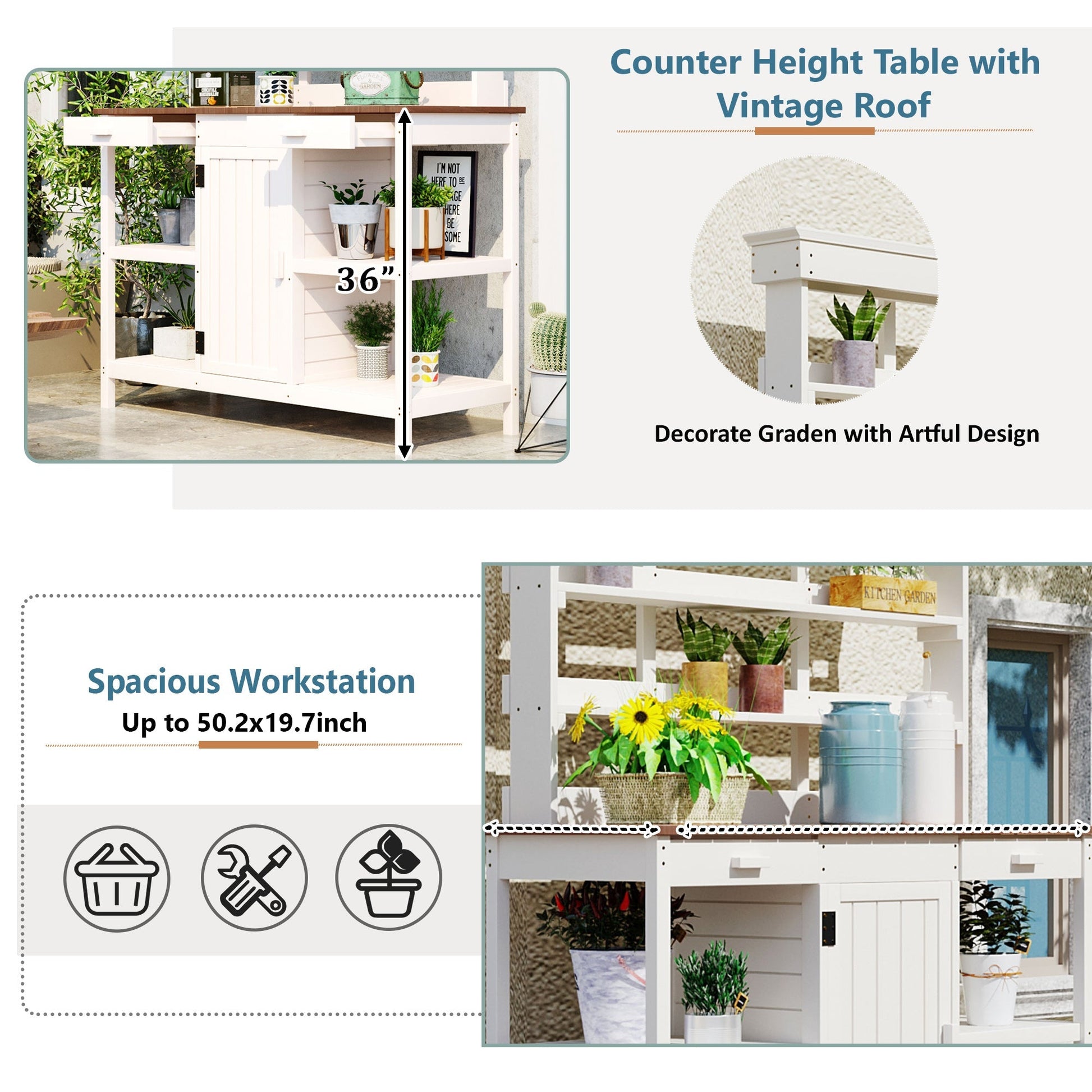 Topmax 66in Farmhouse Wooden Potting Bench, white finish, drawers by HouseOfZazla on Tampa Home & Garden Store
